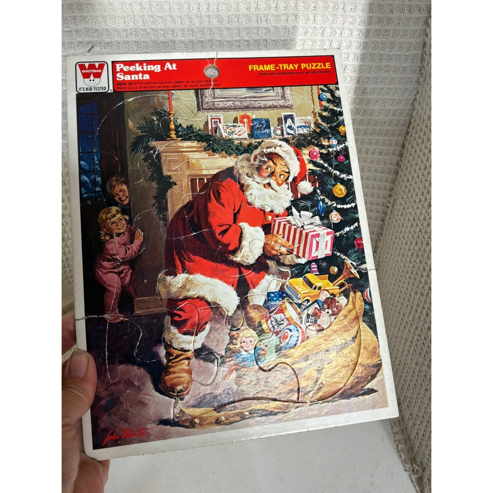 Vintage Kids Whitman Peeking At Santa Frame-Tray Puzzle 1979 Red Multi